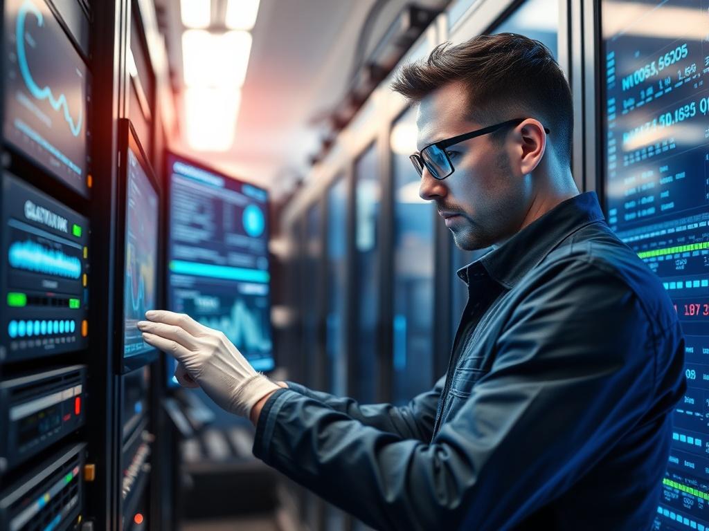 A close-up shot of a skilled IT technician working on a hybrid IT environment. The technician is focused on a server rack with various physical servers and monitors displaying virtual infrastructure and cloud metrics. The background is softly blurred to emphasize the technician and equipment. The lighting is bright and professional, showcasing a high-tech atmosphere with blue tones to match the primary color.