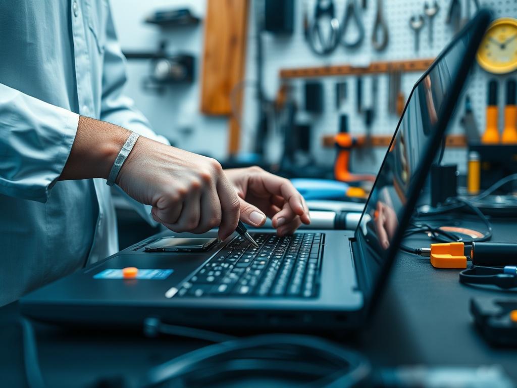 A hyper realistic close up image of a technician repairing