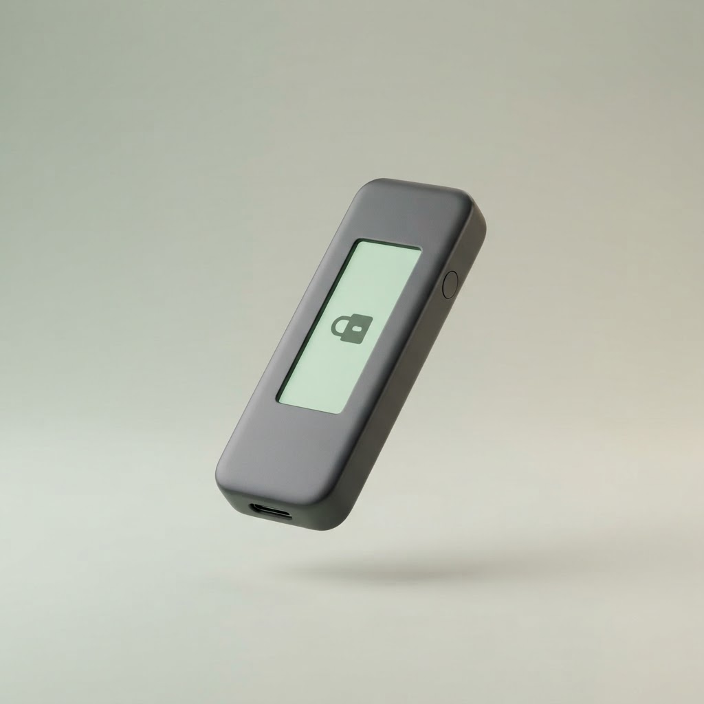 A charcoal hardware wallet displaying a secure lock symbol
