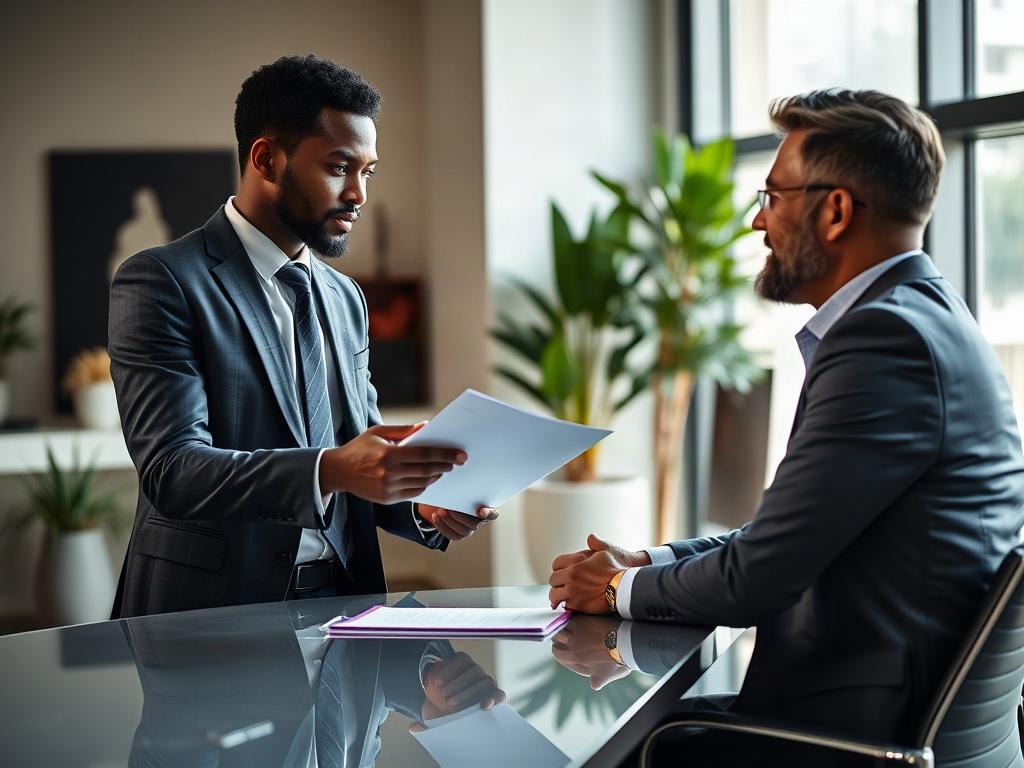 A black professional insurance advisor meeting with a small business owner in a modern office. The setting is sleek and contemporary, featuring a large window with natural light pouring in. The insurance advisor is confidently presenting a document, while the business owner, looking engaged and thoughtful, is seated at a polished conference table. The background includes modern decor and a few plants, creating a warm and inviting atmosphere. The focus is on the interaction between the two, showcasing profes