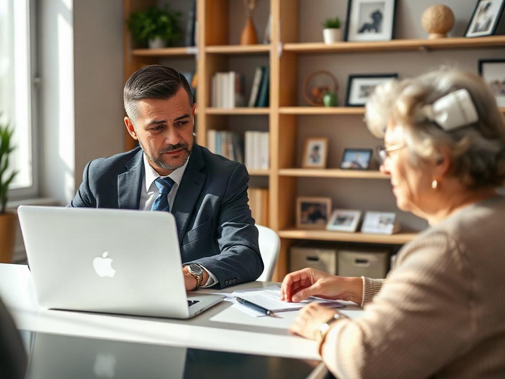 A close-up shot of a family legacy planning professional in a modern office setting. The scene should focus on the professional, a middle-aged Hispanic man wearing a tailored suit, sitting at a sleek desk with a laptop open in front of him. He is engaged in a conversation with a client, an elderly woman, who is looking attentive and thoughtful. The background should feature shelves with neatly arranged books and family photos, creating a warm and welcoming atmosphere. The lighting should be bright, emphasiz