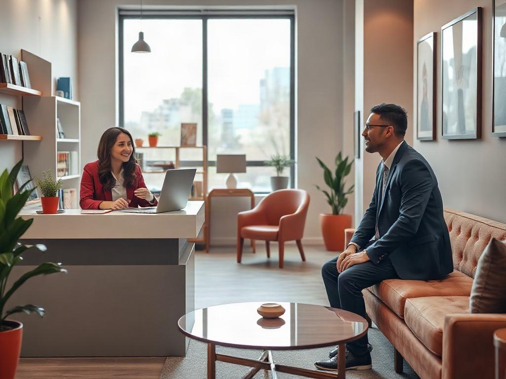 A modern commercial insurance office designed for small business owners. The office features a welcoming reception area with a sleek desk, comfortable seating, and professional decor. A friendly insurance agent is engaged in conversation with a small business owner, illustrating a personalized approach. The background includes shelves with insurance brochures and a large window letting in natural light, creating a warm and inviting atmosphere. The color scheme incorporates shades of red, aligning with the p