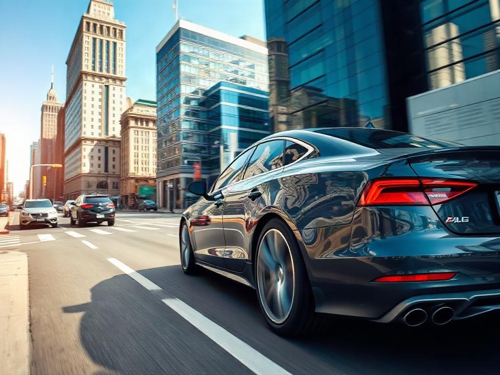 A modern car driving through a vibrant cityscape during the day. The scene captures the car in motion, showcasing its sleek design against the backdrop of tall buildings, bustling streets, and clear blue skies. The focus should be on the car, with a blurred background to emphasize speed and urban life. The composition should highlight the car's features and color, making it the central subject of the image.
