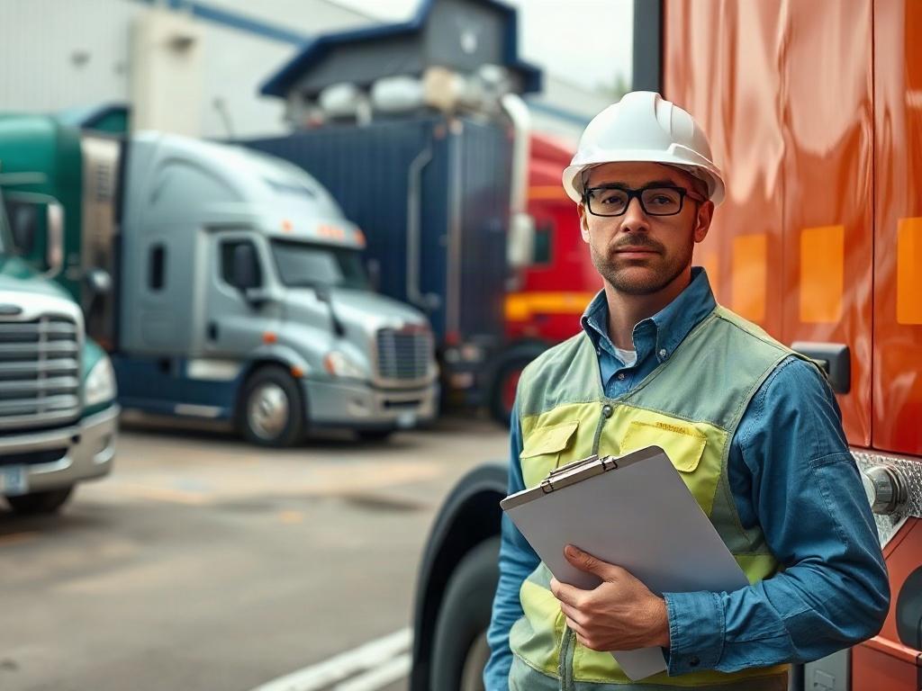 A highly detailed, hyper-realistic close-up shot of a professional in a commercial semi truck fleet logistics setting. The individual is standing confidently next to a semi truck, wearing a smart uniform and holding a clipboard. The background features a busy logistics yard with multiple semi trucks parked and loading. The scene conveys professionalism and efficiency, with clear focus on the logistics professional. The colors should harmonize with the primary color rgb(245, 77, 77).