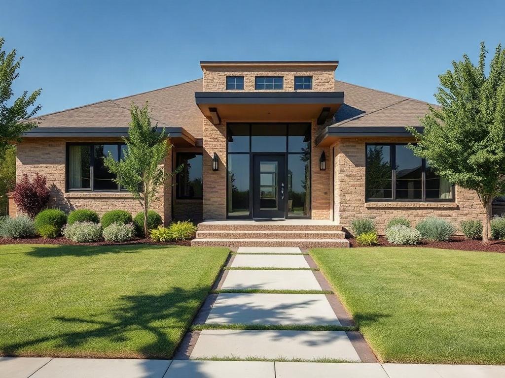 A realistic high-resolution photo of a Texas modern professional home, featuring sleek architectural lines, large glass windows, and a well-manicured front yard. The house should have a contemporary design with warm earth tones and natural materials, surrounded by lush greenery. The composition should focus on the front elevation of the home, showcasing the inviting entrance and outdoor space. The background should be simple and clear, emphasizing the beauty of the home.