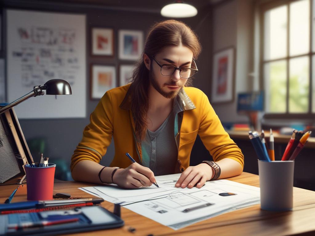 A photorealistic graphic design studio featuring a designer at work,