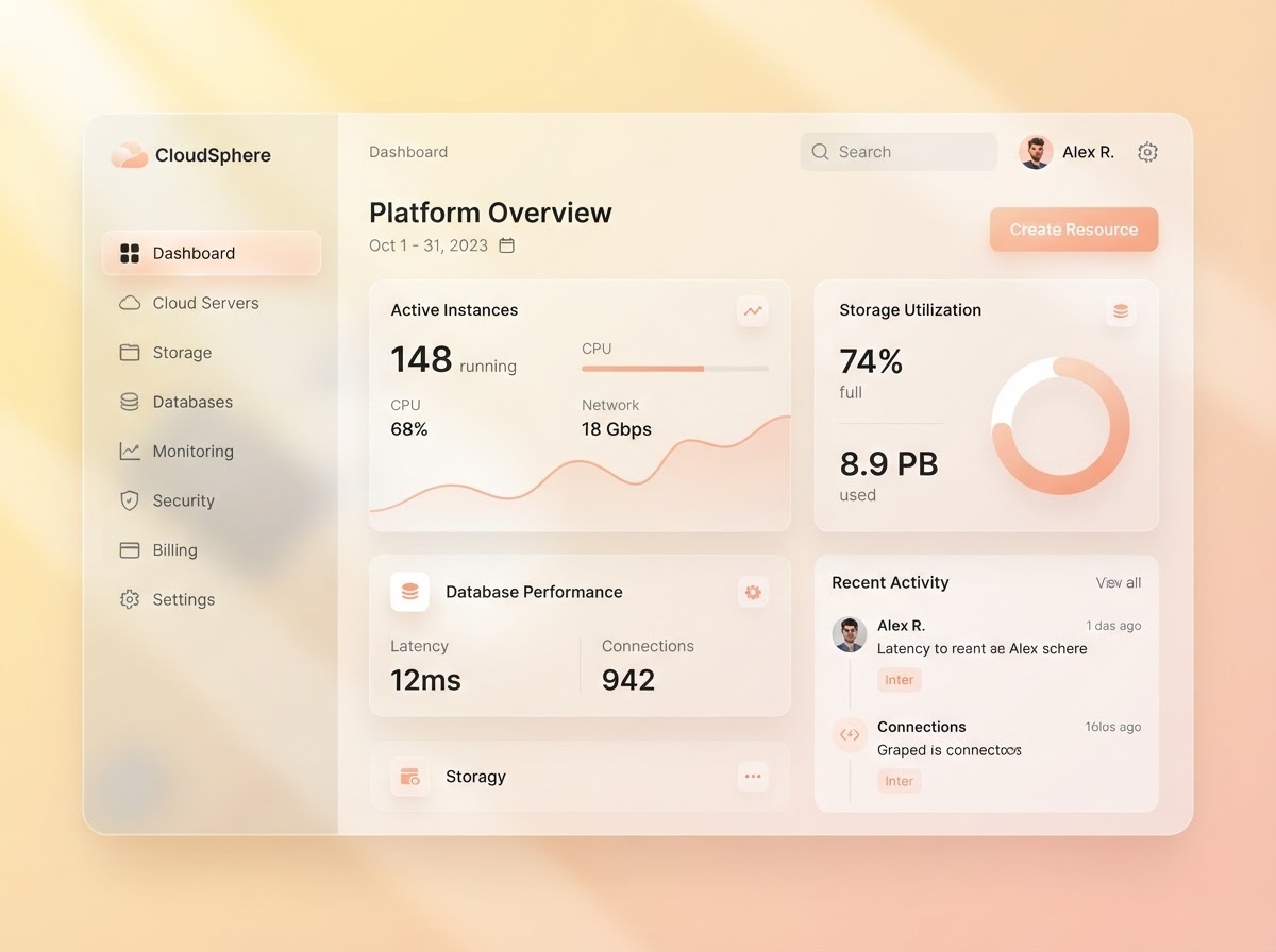 Glassmorfiskt UI-mockup av en molnplattform med sidonavigation och datapaneler