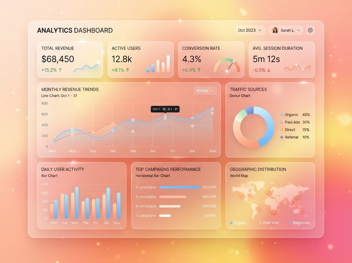 Analytisk instrumentpanel med linjediagram, stapeldiagram och KPI-kort