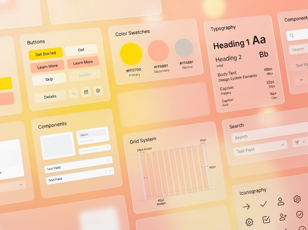 Abstrakt designsystemkoncept med flytande UI-komponenter och färgprover