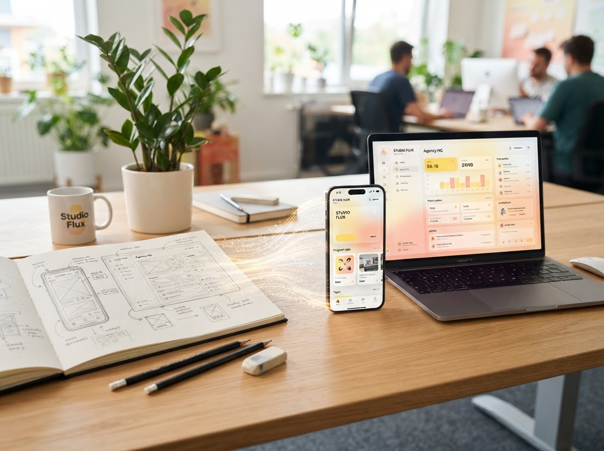 Interaktiv prototypkoncept: wireframe som förvandlas till en polerad app-yta