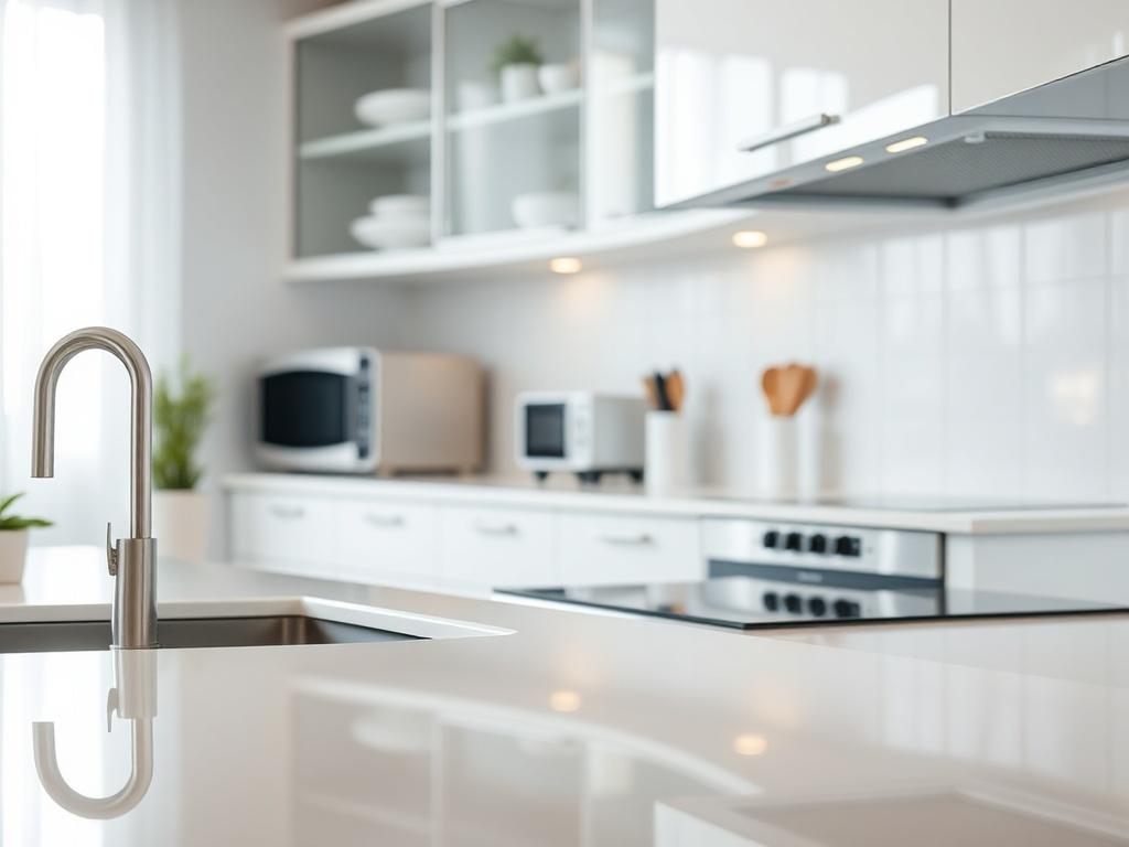 A hyper-realistic close-up image of a pristine, freshly cleaned kitchen, showcasing sparkling countertops, shining appliances, and immaculate surfaces. The scene should be well-lit, highlighting the cleanliness and attention to detail, with a simple and organized layout. The background should be soft and blurred to emphasize the cleanliness of the kitchen, captured in a style that resonates with modern home aesthetics.
