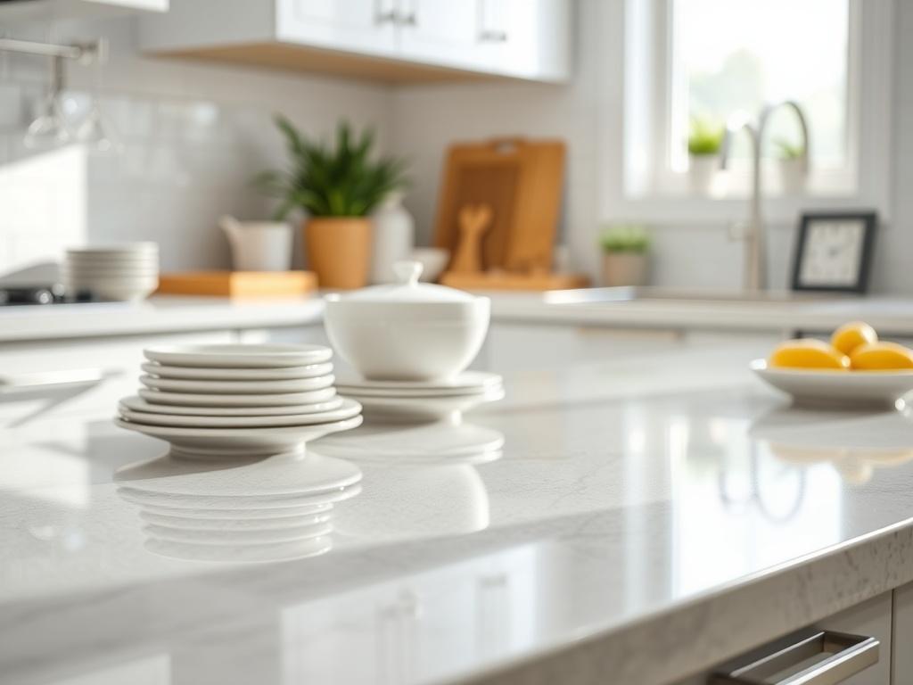 A bright and clean kitchen with sparkling countertops and neatly