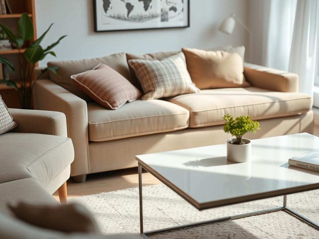 A cozy living room with a plush sofa and a