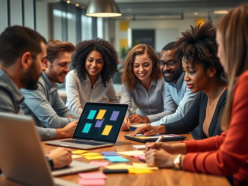 A close-up shot of a diverse team collaborating around a table, with colorful post-it notes and laptops open, showcasing a dynamic and engaging workshop environment. The scene is well-lit, emphasizing the teamwork and creativity in a modern office setting, with a focus on engaged faces and hands actively participating.