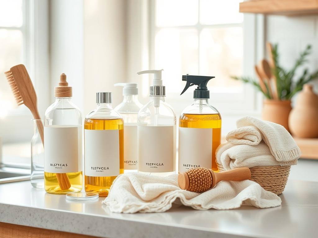 A high-resolution photo of a collection of natural cleaning supplies arranged on a kitchen counter. The image should include glass bottles with minimalist labels, a wooden scrub brush, and cleaning cloths. The setting should be bright and airy, with sunlight streaming in through a window, highlighting the natural materials.
