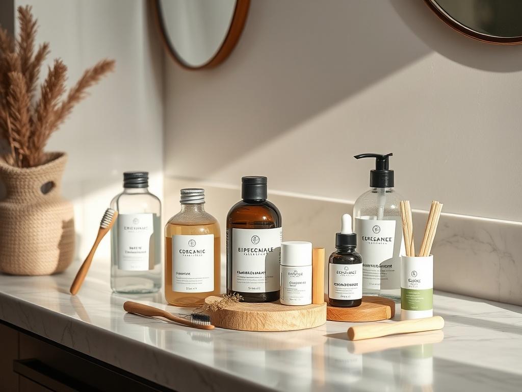 A high-resolution photo of a sustainable personal care collection displayed on a marble countertop. The image should feature biodegradable toothbrushes, organic shampoo bottles, and natural deodorant sticks, arranged aesthetically. Soft natural light should illuminate the scene, enhancing the organic feel of the products and the textures of the countertop.