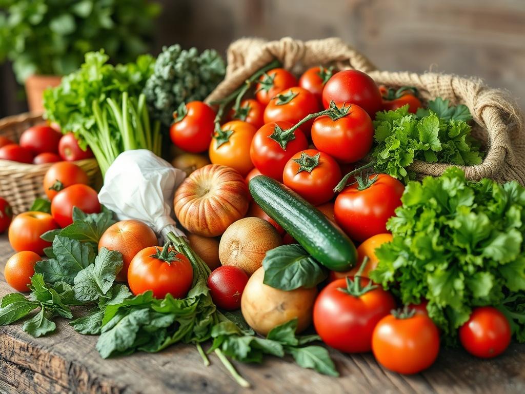 A high-resolution photo of an assortment of fresh organic groceries displayed on a rustic wooden table. The image should feature vibrant fruits and vegetables, including tomatoes, cucumbers, apples, and leafy greens, arranged naturally. The background should be softly blurred to keep focus on the groceries, with natural lighting enhancing the earthy tones.