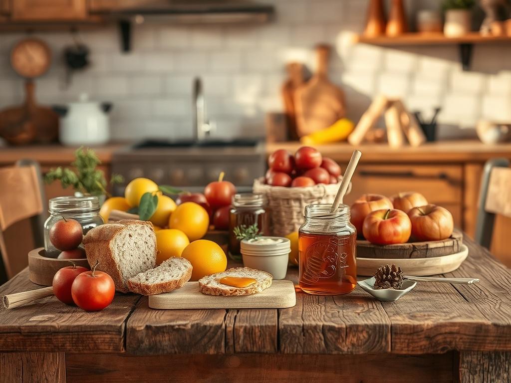 A rustic wooden table adorned with various everyday essentials such as fresh fruits, bread, and a jar of honey. The scene is set in a cozy, warmly lit kitchen with earthy tones and textures, conveying a sense of comfort and simplicity. The focus is on the table, with soft natural light highlighting the vibrant colors of the food items.