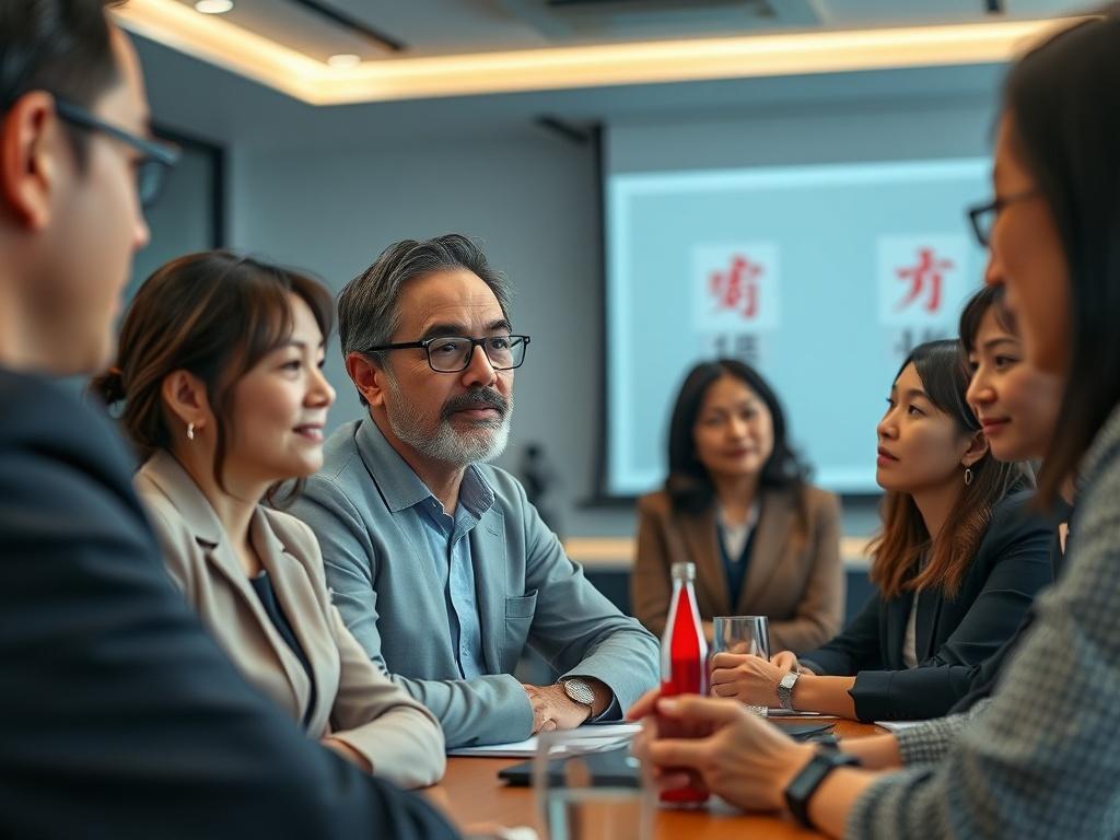 A close-up shot of a diverse group of professionals engaged in a cultural training workshop, focusing on a Western executive interacting with Japanese colleagues. The setting is a modern conference room with cultural artifacts, a projector displaying Japanese cultural symbols, and participants showing attentiveness. The image should capture expressions of understanding and engagement, emphasizing the importance of cultural awareness in a professional setting.