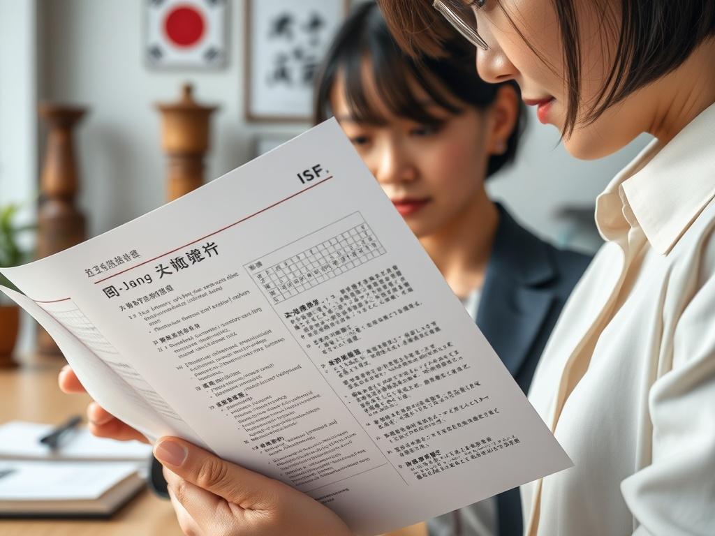 A close-up shot of a professional reviewing a bilingual document, showcasing a blend of Japanese and English text. The setting is a modern office with cultural artifacts and a neutral background. The image should capture the essence of cross-cultural communication, highlighting the importance of clarity and respect in business documentation.