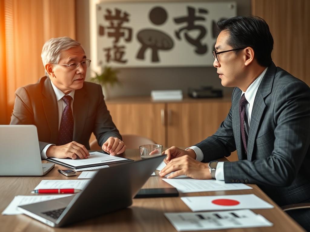A close-up of a business meeting scene with a focus on a U.S. executive and a Japanese counterpart discussing strategy. The setting includes a well-organized table with documents, laptops, and cultural symbols. Expressions of collaboration and understanding should be highlighted, showcasing the importance of strategic planning in cross-cultural business environments.