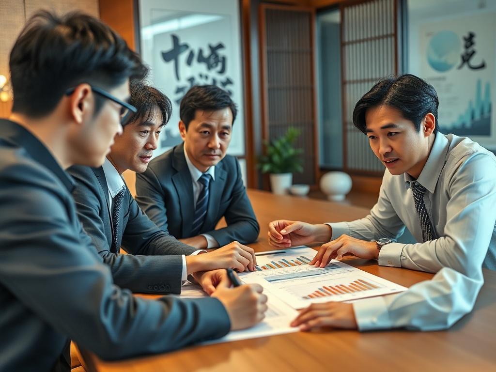 A hyper-realistic close-up of a business meeting in Japan, featuring professionals discussing strategies with charts and graphs on a table. The background should include elements of Japanese design, showcasing a blend of modern and traditional aesthetics. Focus on expressions of concentration and collaboration.