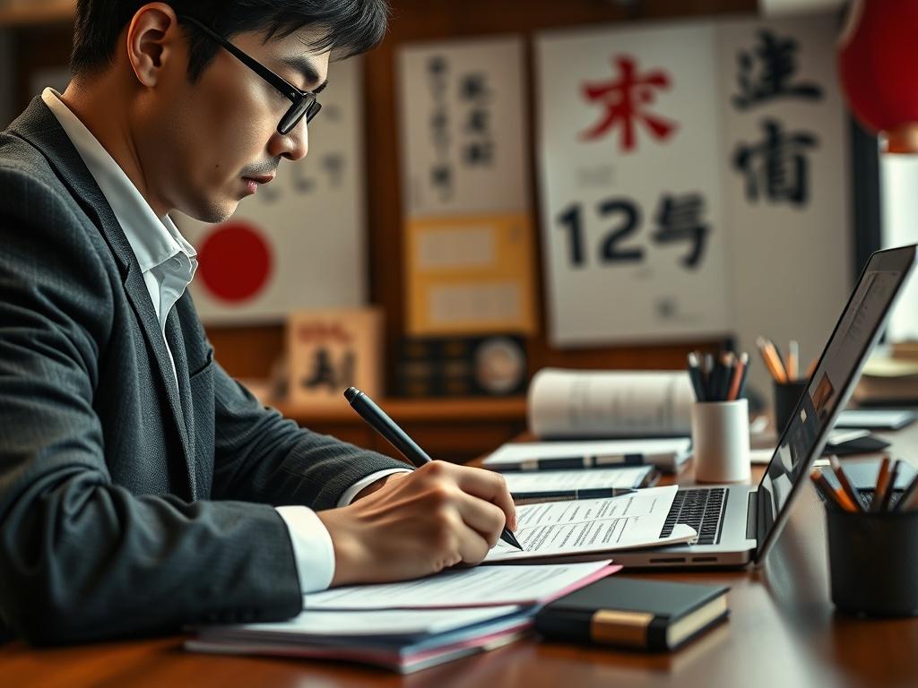 A hyper-realistic close-up of a professional writer at a desk, focused on crafting a document, with notes and a laptop in front of them. The background should have elements of Japanese culture, indicating the importance of cross-cultural communication. Capture the writer's concentration and dedication.