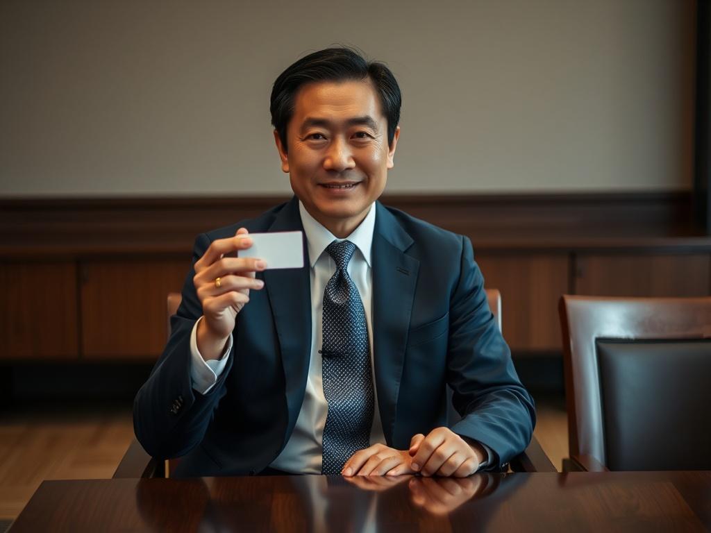 Create a realistic high-resolution photo that encapsulates the title “Understanding Japanese Business Etiquette.” 

### Composition:
- Focus on a single subject, a Japanese man in business attire, who is seated at a traditional wooden conference table. 
- Position him in the center of the frame, ensuring he captures the viewer's attention.
- The expression on his face should be one of calm confidence, possibly engaged in a conversation or offering a polite nod.

### Subject Matter:
- The subject, dressed in