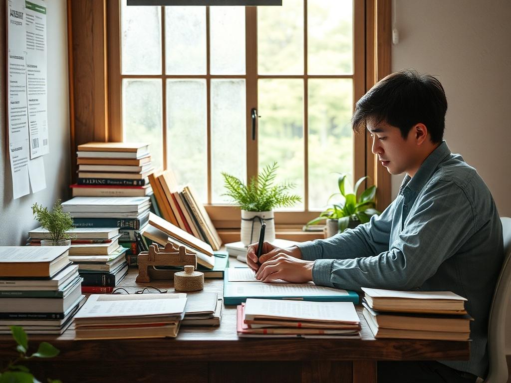 A writer working diligently at a desk, surrounded by books
