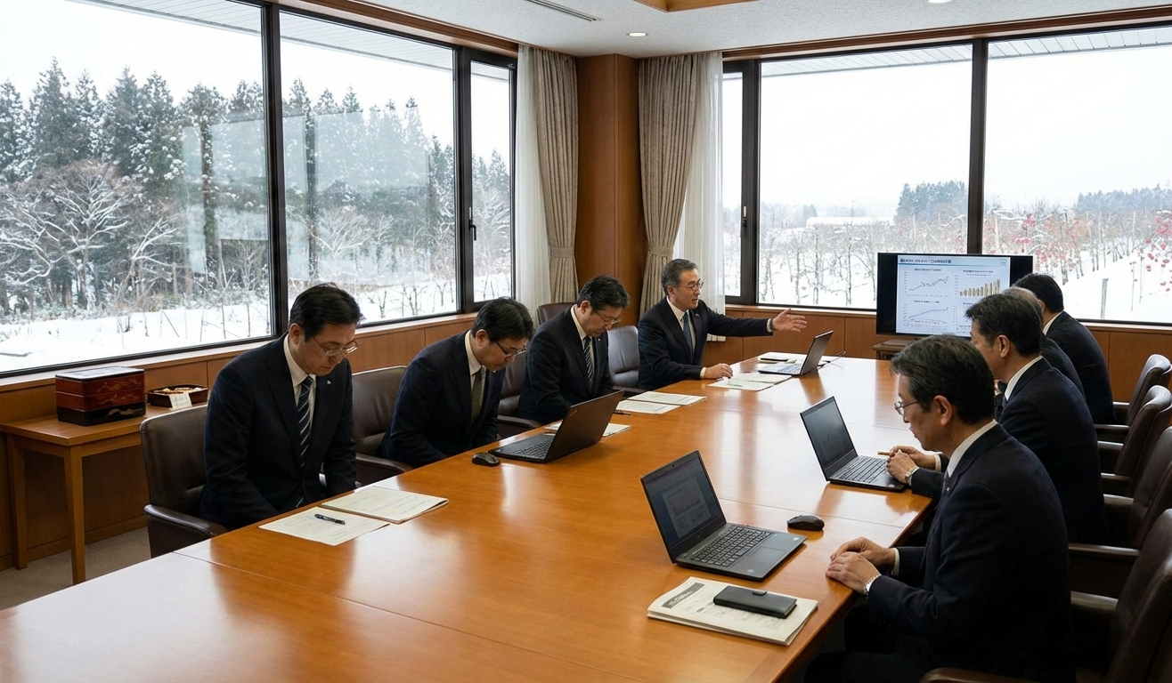 Group of Japanese businessmen in suits seated around a wooden conference table with laptops, attentively listening to one colleague presenting charts on a screen, large windows showing snowy pine trees outside in Aomori