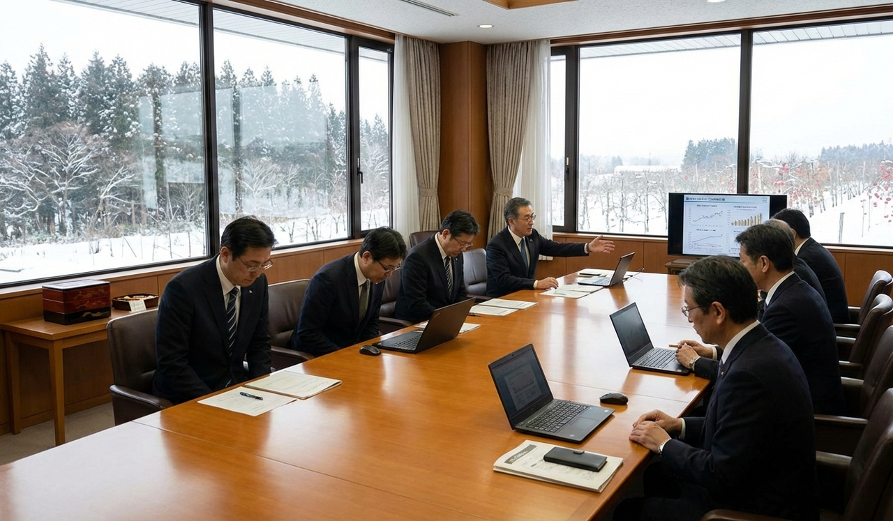 Group of Japanese businessmen in suits seated around a wooden conference table with laptops, attentively listening to one colleague presenting charts on a screen, large windows showing snowy pine trees outside in Aomori