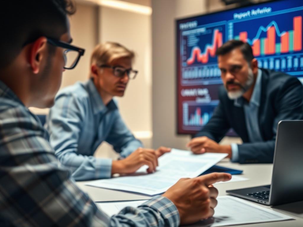 Close-up shot of a team meeting discussing project results, with graphs and charts displayed on a screen. The background should emphasize analysis and collaboration, showcasing a dynamic discussion.
