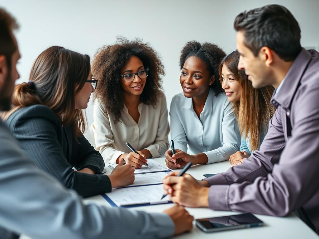 Close-up shot of a professional consultation session, featuring a diverse group of people discussing ideas around a table, with a notepad and pens visible. The background should be minimalistic, emphasizing focus on the discussion and the participants' expressions.