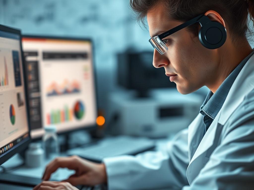 Close-up shot of a researcher working on a computer, surrounded by scientific tools and data charts. The background should convey an active research environment, highlighting focus and innovation.