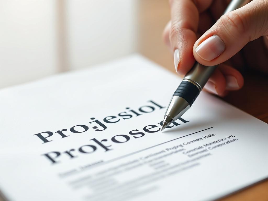 Close-up shot of a project proposal document on a table, with a pen poised to sign. The background should be minimalistic, focusing on the proposal and pen, symbolizing commitment and collaboration.