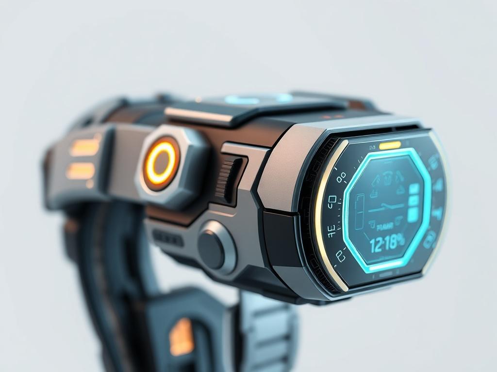 A close-up shot of a futuristic wearable electronic device designed in CAD. The device should showcase intricate details and advanced technology, highlighting features like sensors and display screens. The background should be simple and clean, emphasizing the innovative design of the wearable. The image should be rendered in hyper-realistic style, focusing on the textures and materials of the device.