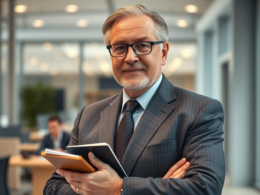 A close-up shot of Dr. Alain L. Bujold, a distinguished professional with a Doctorate in Business Administration and a PhD specialization in innovation, standing confidently in an office environment. He holds a pen and notebook, symbolizing strategic planning and management excellence. The background features modern office elements, conveying a sense of professionalism and innovation. The image has a hyper-realistic style, highlighting his expression of determination and insight, compatible with rgb(50, 170