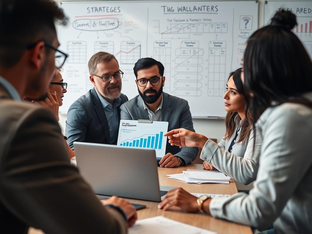 A close-up shot of a team of professionals gathered around a conference table, discussing a project. One man, with a laptop open, points to a risk assessment chart on the screen. The atmosphere is collaborative and focused, with diverse team members engaged in conversation. The background features a whiteboard filled with strategic notes and diagrams, emphasizing teamwork and planning.
