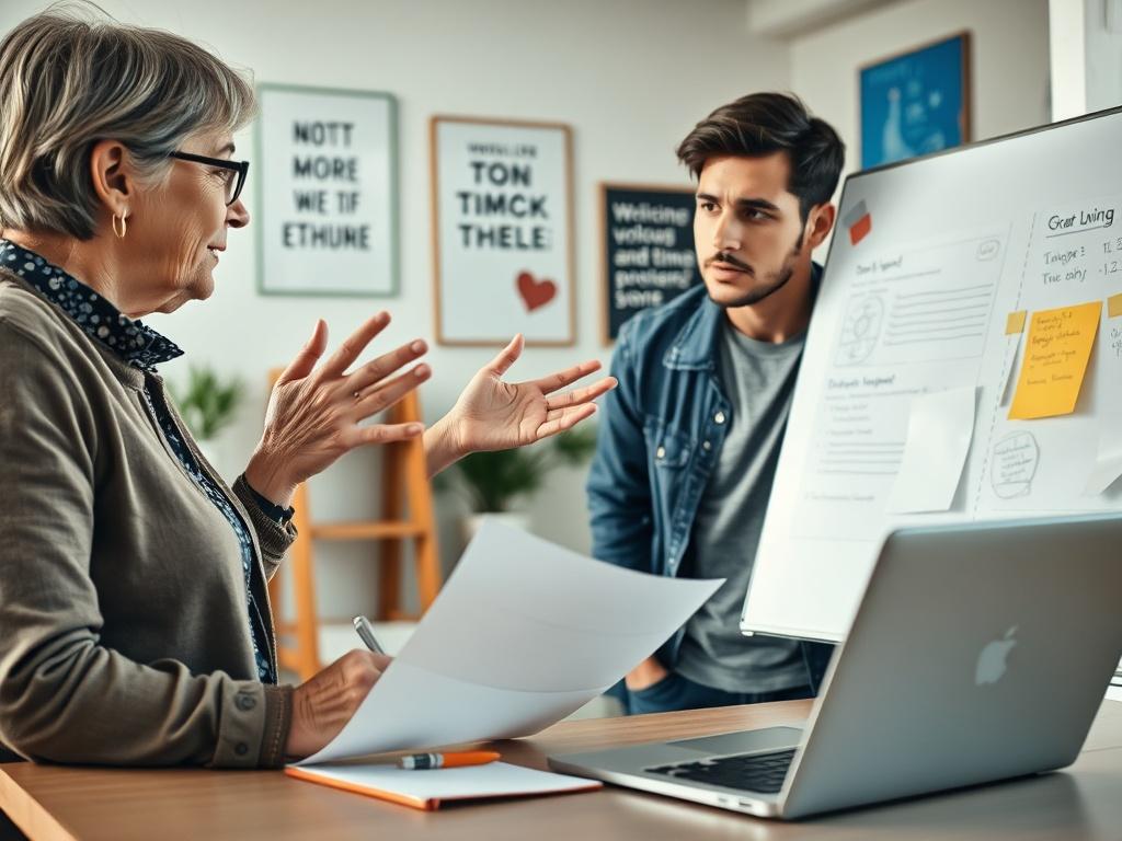 A close-up shot of a mentor and a young entrepreneur engaged in a brainstorming session. The mentor, an older woman with short hair, gestures animatedly while explaining something on a whiteboard. The entrepreneur, a young man in casual attire, looks curious and inspired. The background includes a bright, modern office space with motivational posters and a laptop open with notes on the table.