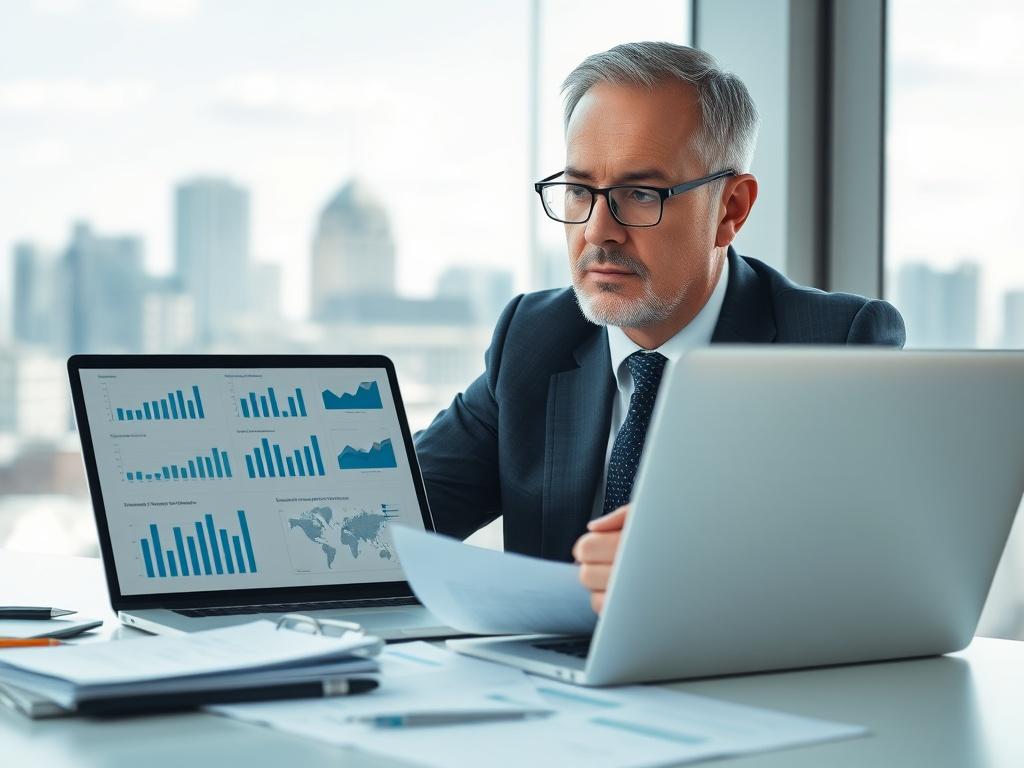A close-up shot of a professional consultant reviewing documents and data on a modern desk. The setting should be bright and organized, showcasing charts and graphs on a laptop screen. The consultant, a middle-aged man with glasses, looks serious and focused, wearing a suit. In the background, a large window reveals a city skyline, adding an air of professionalism and authority.