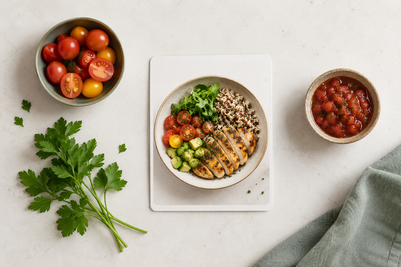 A handwritten recipe card on a kitchen counter beside a paper grocery checklist, tomatoes, parsley and salsa.