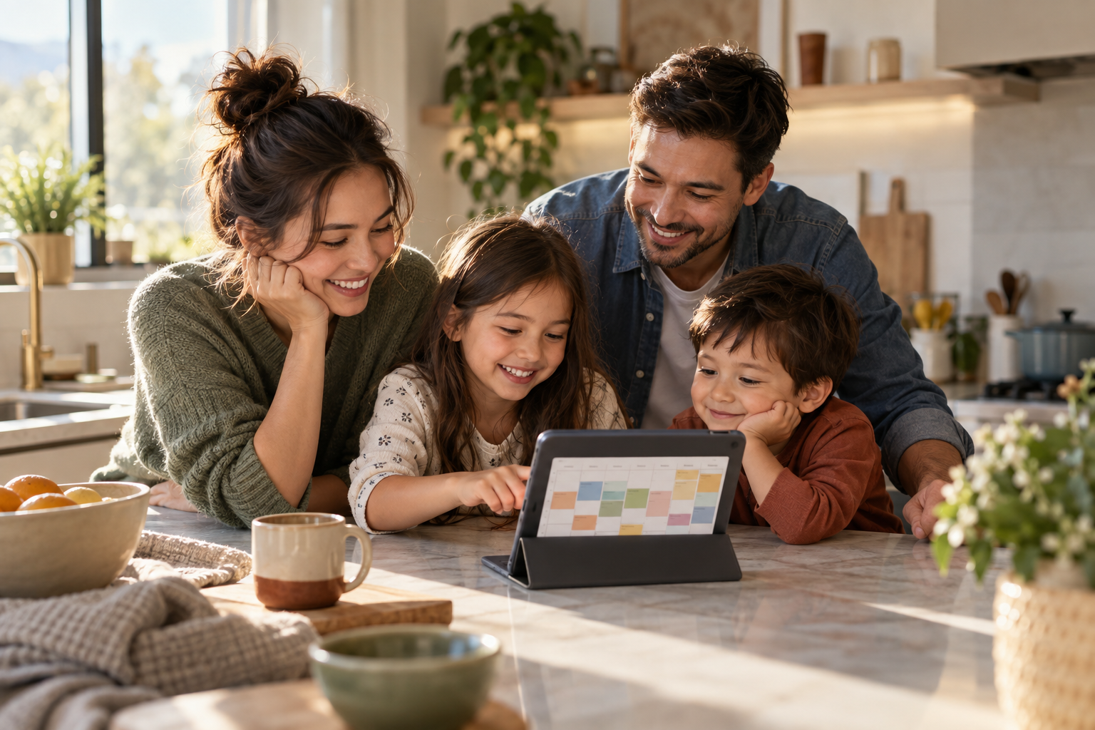 A tablet on a kitchen counter showing the week board, with sticky notes and a family calendar nearby.