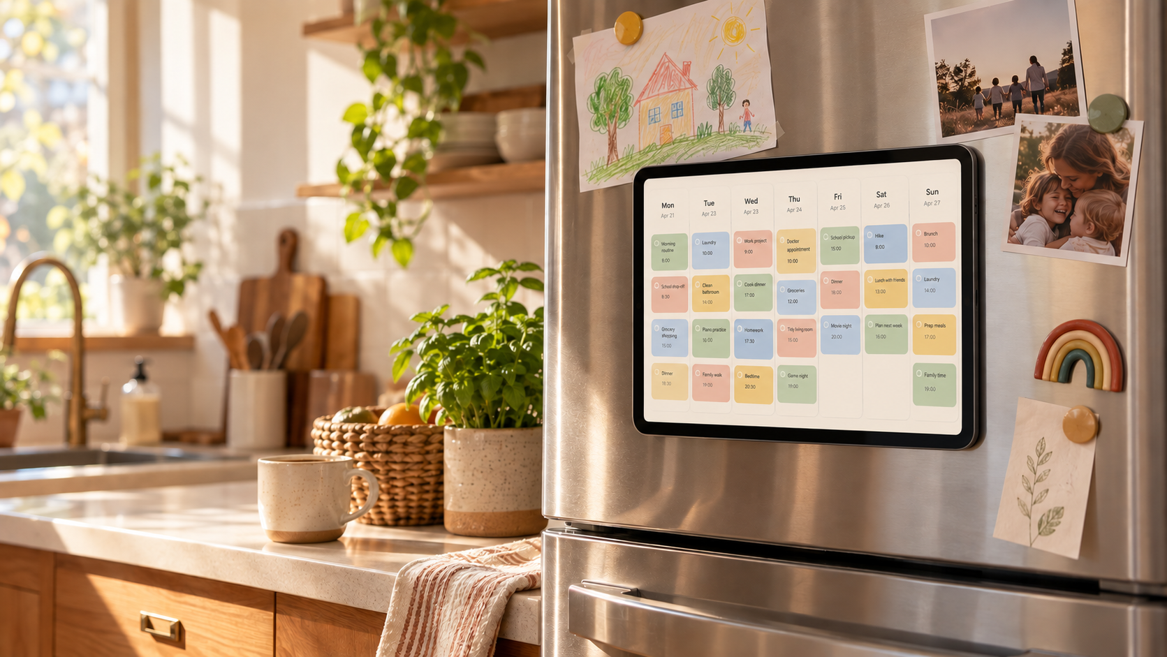 A real family kitchen wall: a tablet mounted by the fridge shows the week's Nestboard, a child's crayon drawing is taped beside it, and morning clutter sits on the counter below.