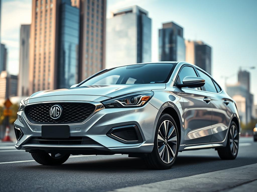 A hyper-realistic close-up shot of a sleek MG5 Sedan in silver metallic color, parked on a modern city street. The background features blurred skyscrapers and a clear blue sky, highlighting the car's elegant design and shiny exterior. The composition focuses solely on the car, showcasing its smooth lines and stylish details, captured with a 45mm f/1.2 lens.