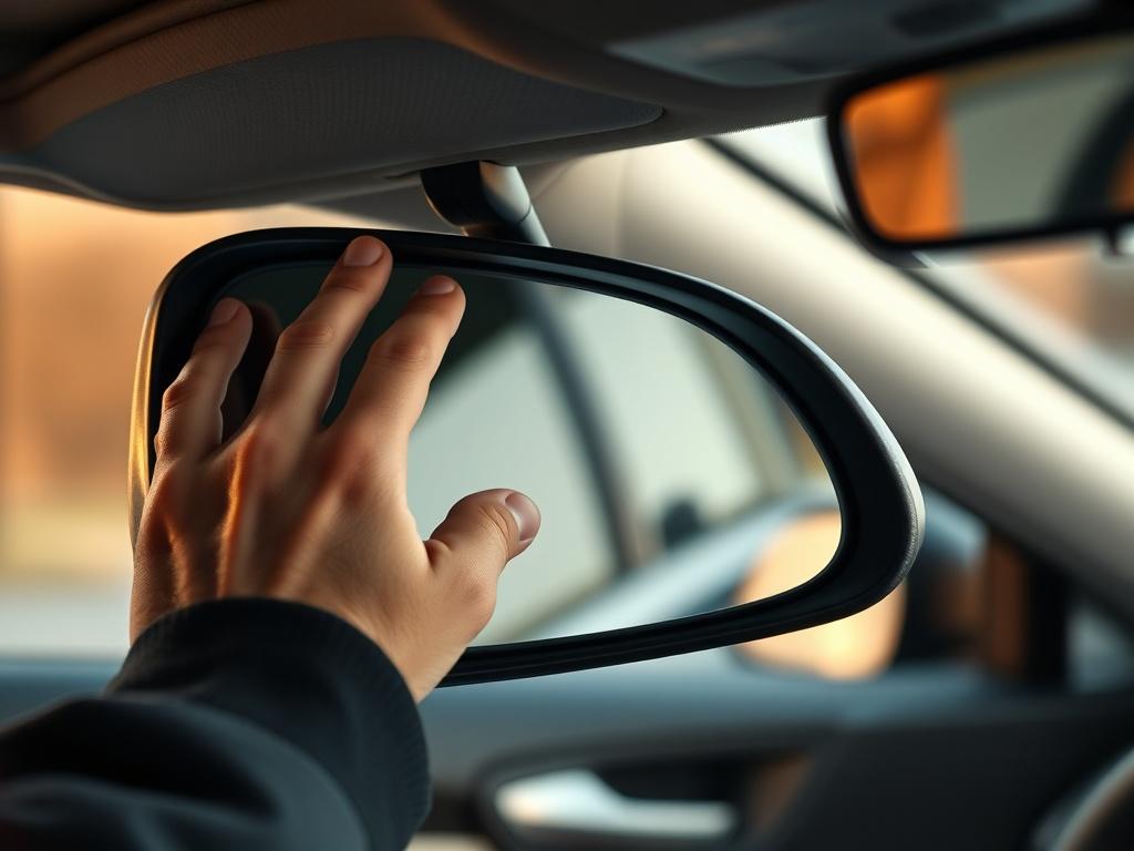 A close-up shot of a person's hand adjusting the rearview mirror in a car before a driving test. The focus should be on the mirror, reflecting a calm and prepared demeanor. The background should be the interior of a car, subtly blurred to emphasize the hand and mirror. Use a warm color palette to convey a sense of readiness and confidence.