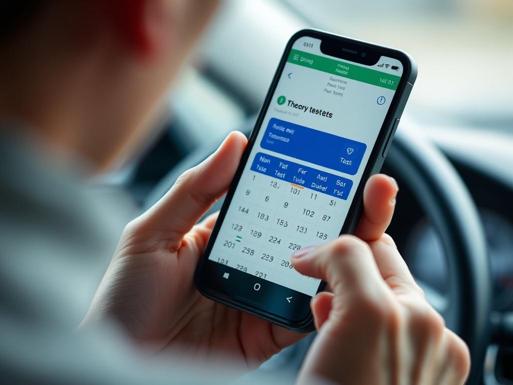 A close-up shot of a hand holding a mobile phone displaying a driving test booking application. The background should be soft and blurred, highlighting the phone and the user's hand. The phone screen shows a calendar with available dates for theory tests. The color scheme should reflect a calm and professional atmosphere, using shades of green and blue.