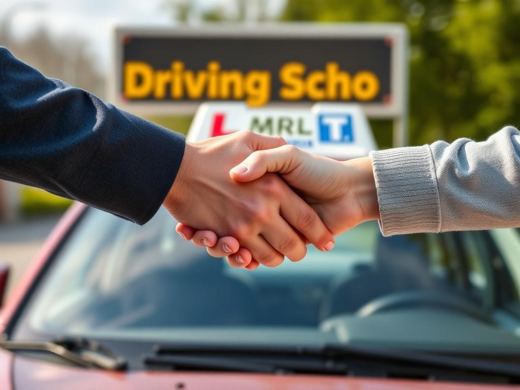 A close-up shot of two hands shaking in front of a driving school sign, symbolizing the beginning of a learning relationship. The background should feature a clear view of the driving school or instructor's car, softly blurred. The colors should be vibrant and inviting, reflecting a positive and welcoming atmosphere for new drivers.