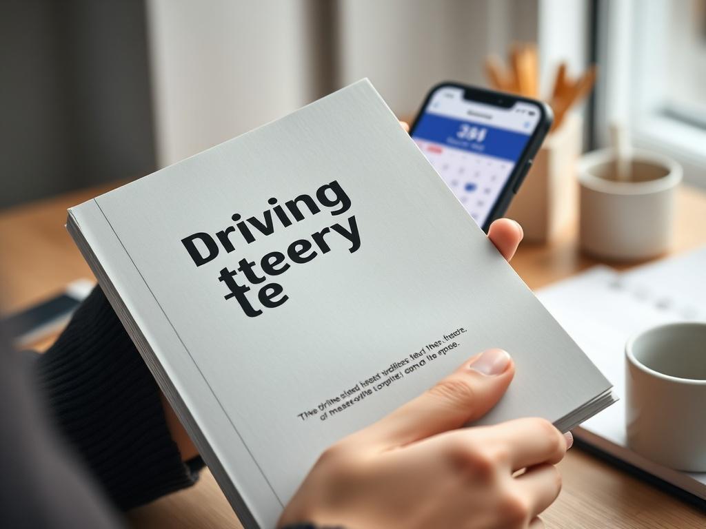 A close-up shot of a person holding a driving theory test book with a digital calendar app open on a smartphone in the background. The focus should be on the book, with a blurred background showing the calendar and a hint of a desk or study space. The color palette should complement rgb(85, 141, 151), with soft lighting creating a cozy study atmosphere.