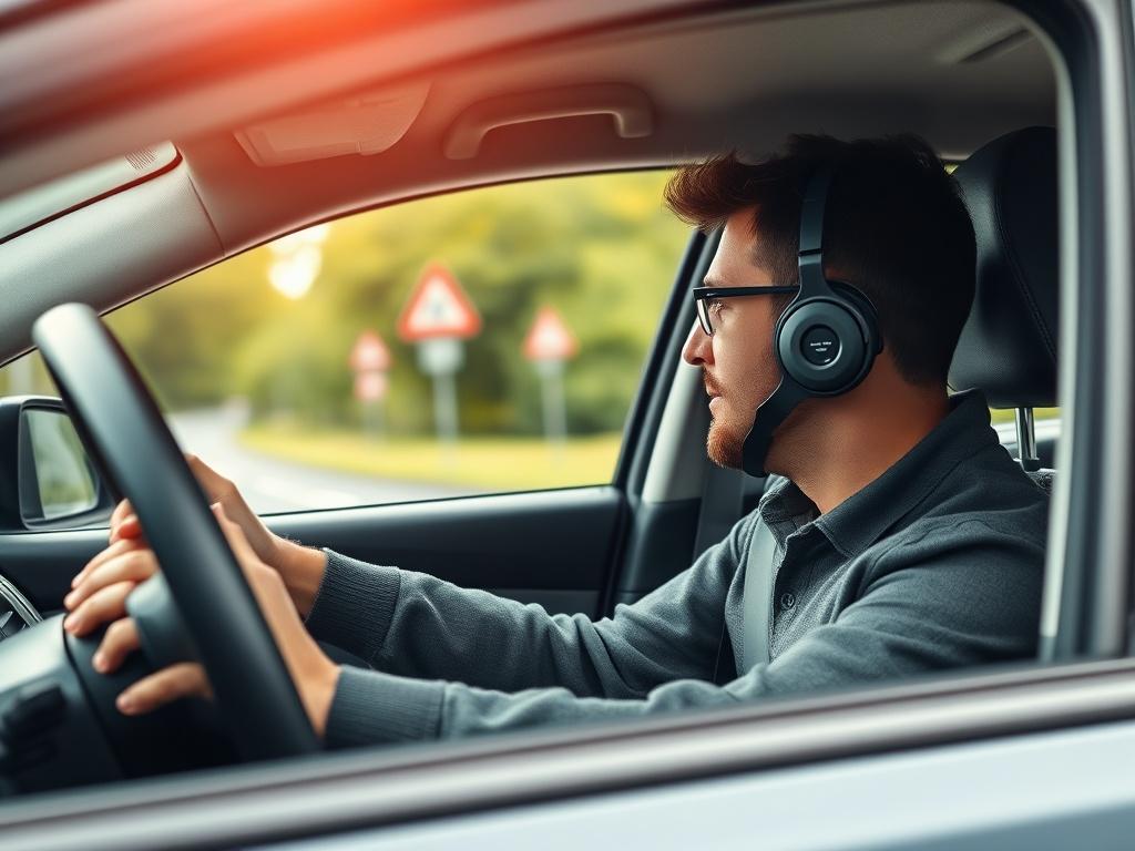 A close-up shot of a person practicing driving in a car, with a driving instructor in the passenger seat giving instructions. The background should show a driving test route with blurred trees and road signs. The image should capture a moment of concentration, emphasizing the learning experience. The color palette should align with rgb(85, 141, 151), with natural lighting enhancing the scene.