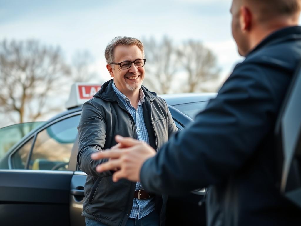 A high-resolution image of a friendly driving instructor standing beside a car, smiling and gesturing towards a learner driver. The instructor should be dressed professionally, exuding an approachable demeanor. The car should be parked in a scenic area, with trees and a clear sky in the background. The image should capture a moment of engagement between the instructor and the learner, reflecting a supportive learning environment, aligned with the rgb(85, 141, 151) primary color scheme.